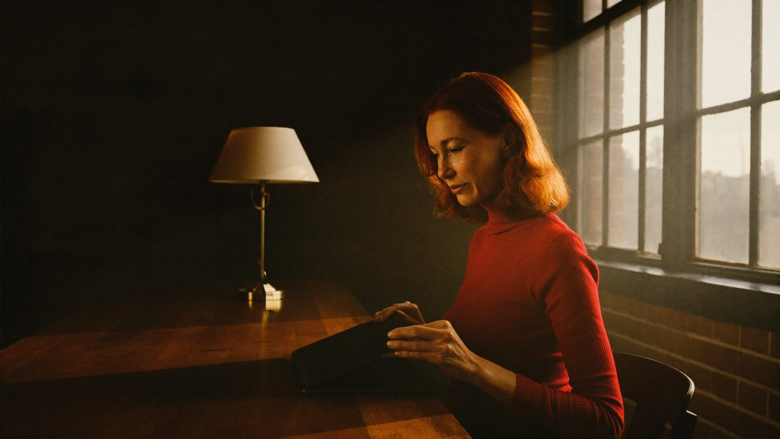 A coach closing her laptop at the end of the day in a sunlit studio